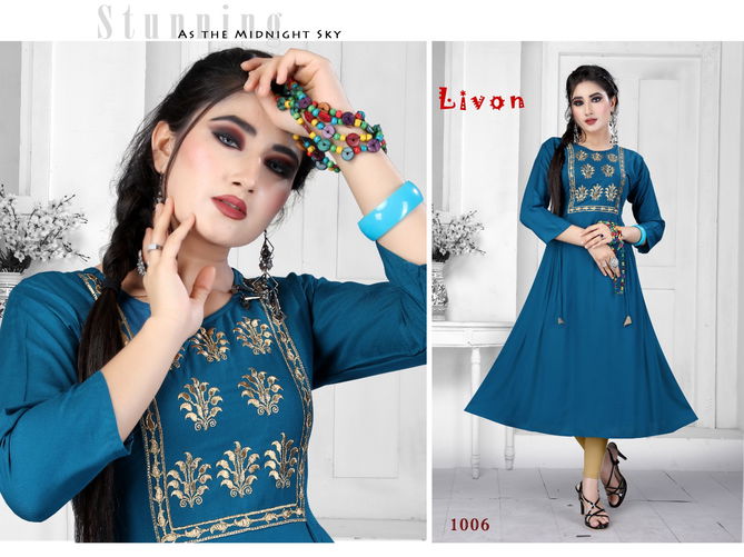 Trendy Lion Latest Fancy Casual Wear Staright Cut  Rayon Designer Embroidery Kurti Collection